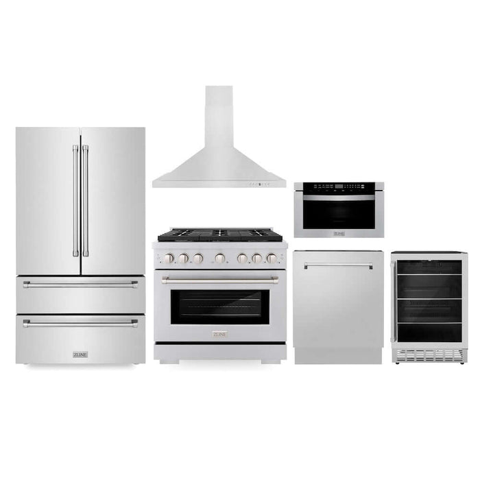 ZLINE Kitchen Package with Refrigeration, 36" Stainless Steel Gas Range, 36" Range Hood, Microwave Drawer, 24 in.  Tall Tub Dishwasher and Beverage Fridge