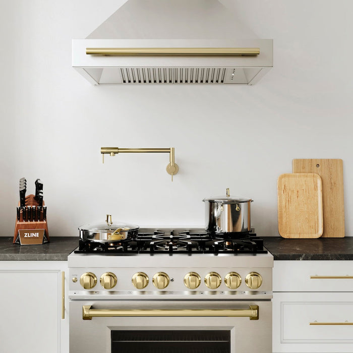 ZLINE Autograph Edition 36 in. Kitchen Package with Stainless Steel Dual Fuel Range, Range Hood and Dishwasher with Champagne Bronze Accents (3AKP-RARHDWM36-CB)