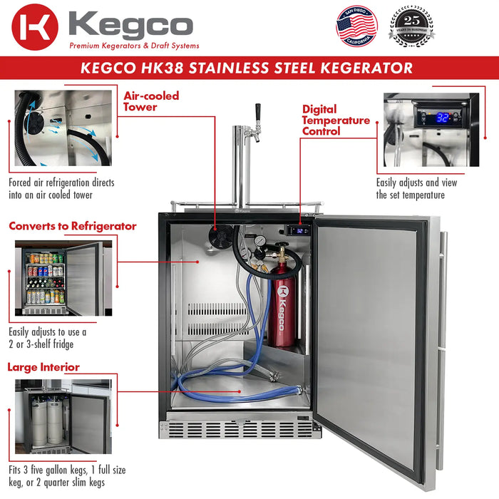 Kegco 24" Wide Single Tap Stainless Steel Built-In Right Hinge Kegerator with Kit