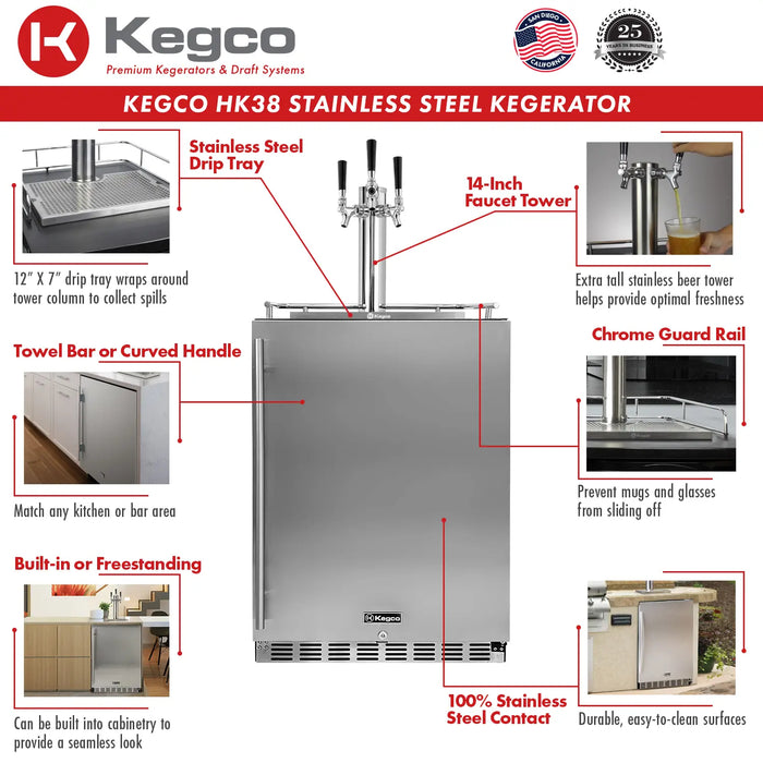 Kegco 24" Wide Triple Tap Stainless Steel Built-In Right Hinge Kegerator with Kit