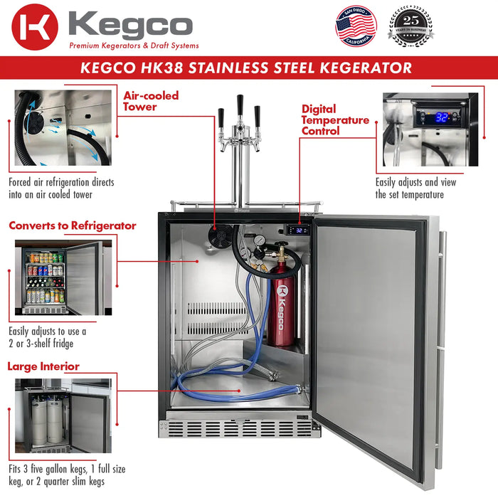 Kegco 24" Wide Triple Tap Stainless Steel Built-In Right Hinge Kegerator with Kit