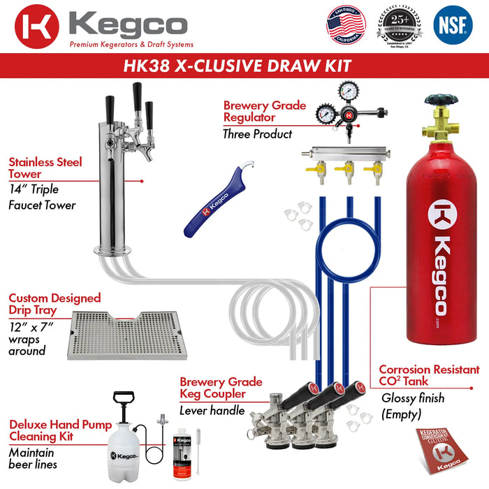 Kegco 24" Wide Triple Tap Stainless Steel Built-In Right Hinge Kegerator with Kit