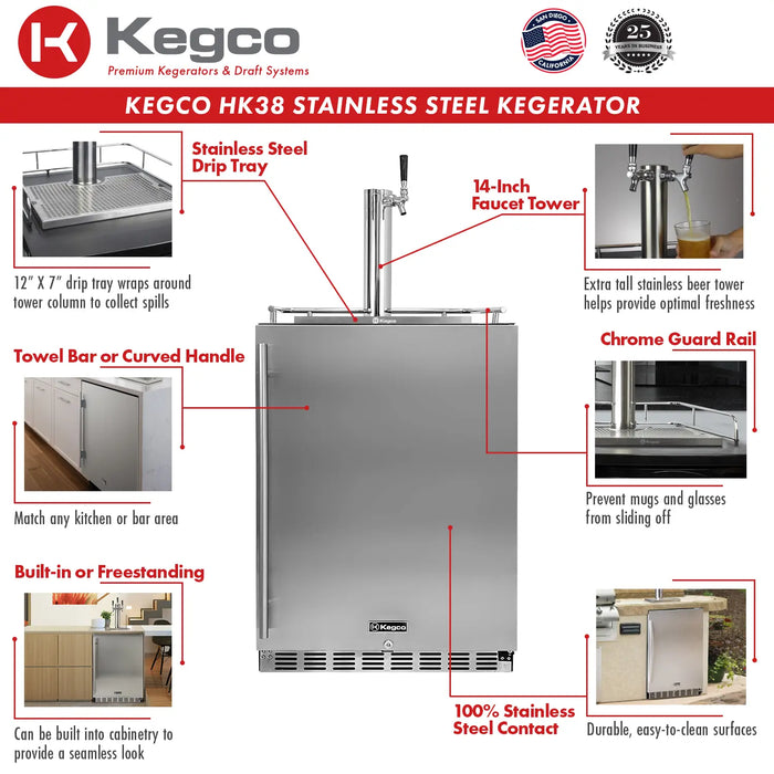 Kegco 24" Wide Single Tap All Stainless Steel Outdoor Built-In Right Hinge Kegerator with Kit