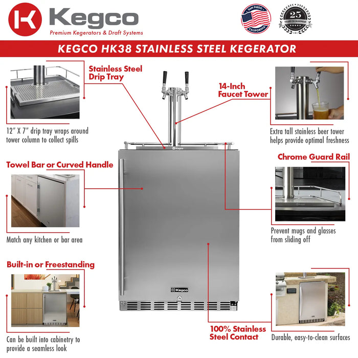 Kegco 24" Wide Dual Tap All Stainless Steel Outdoor Built-In Right Hinge Kegerator with Kit