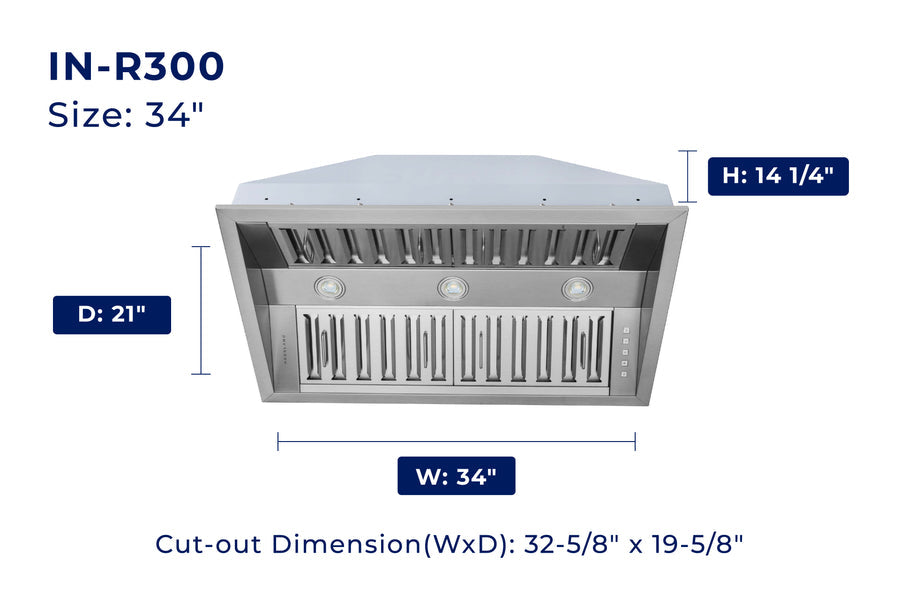 Hauslane | Pro-Style Insert Convertible Range Hood (21 in. Deep) with Low Noise Operation and Baffle Filters (IN-R300SS)