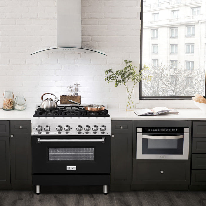 ZLINE 36 in. Dual Fuel Range with Gas Stove and Electric Oven in Stainless Steel with Black Matte Door (RA-BLM-36)