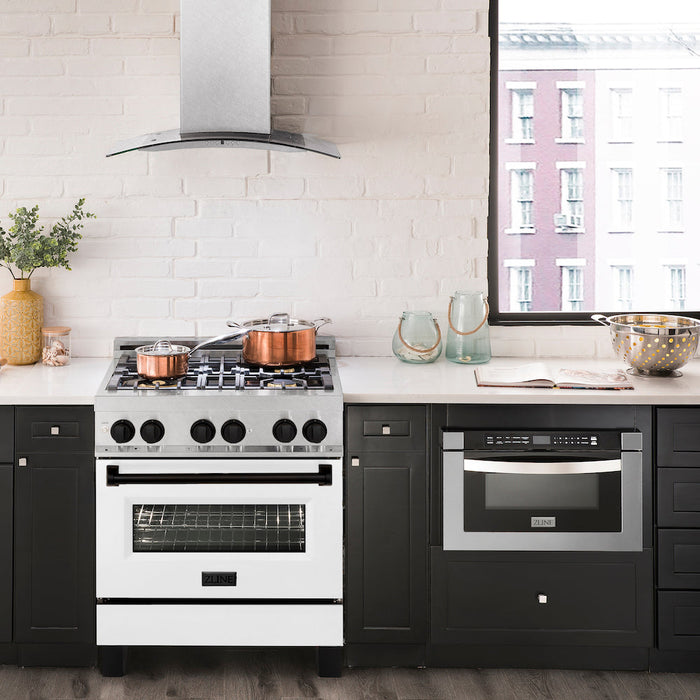 ZLINE Autograph Edition 30 in. 4.0 cu. ft. Dual Fuel Range with Gas Stove and Electric Oven in Fingerprint Resistant Stainless Steel with White Matte Door and Matte Black Accents (RASZ-WM-30-MB)