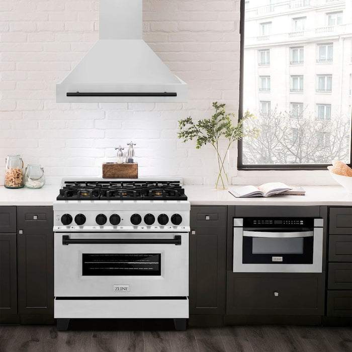 ZLINE Autograph Edition 36 in. Kitchen Package with Stainless Steel Dual Fuel Range, Range Hood and Dishwasher with Matte Black Accents (3AKP-RARHDWM36-MB)