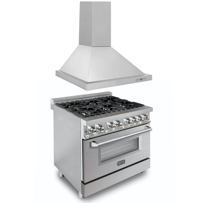 ZLINE 36 in. Kitchen Package with Stainless Steel Dual Fuel Range with Fingerprint Resistant Door and Convertible Vent Range Hood (2KP-RASNRH36)