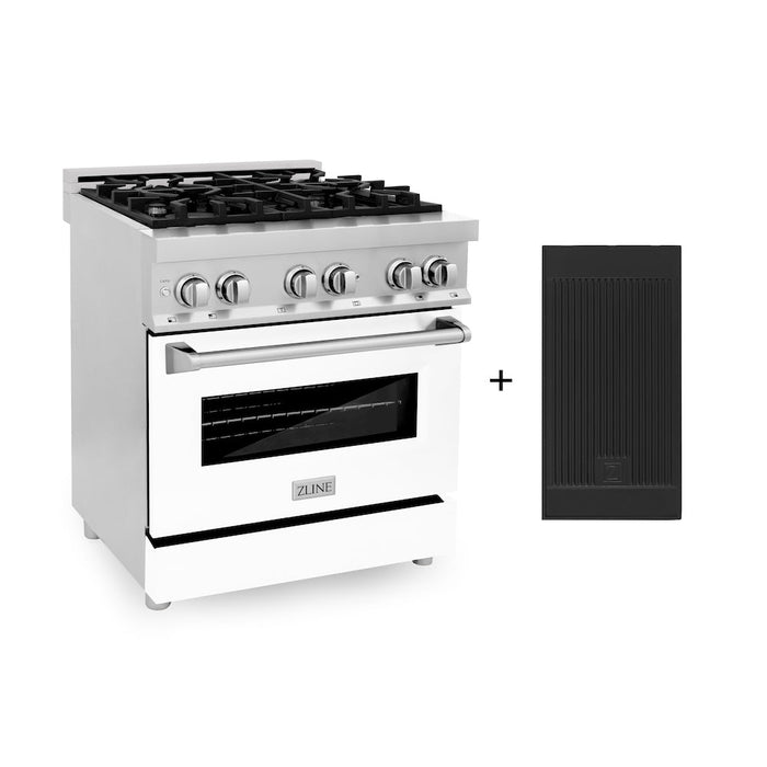 ZLINE 30 in. 4.0 cu. ft. Electric Oven and Gas Cooktop Dual Fuel Range with Griddle and White Matte Door in Stainless Steel (RA-WM-GR-30)