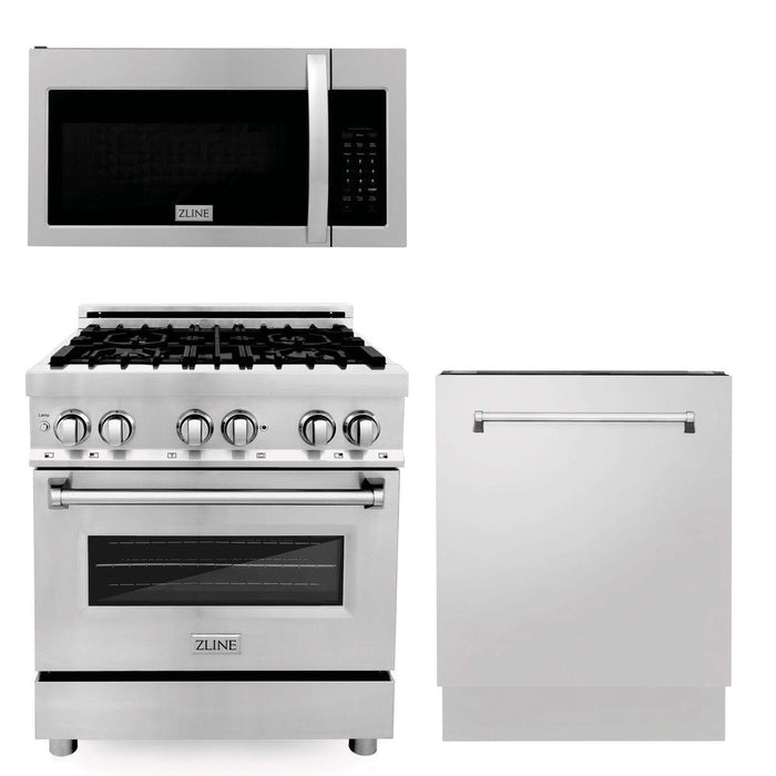 ZLINE 30 in. Kitchen Package with Stainless Steel Dual Fuel Range, Modern Over The Range Microwave and Tall Tub Dishwasher (3KP-RAOTR30-DWV)