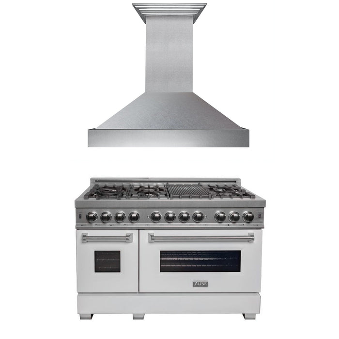 ZLINE 48 in. Kitchen Package with Fingerprint Resistant Stainless Steel Dual Fuel Range with White Matte Door and Convertible Vent Range Hood (2KP-RASWMRH48)