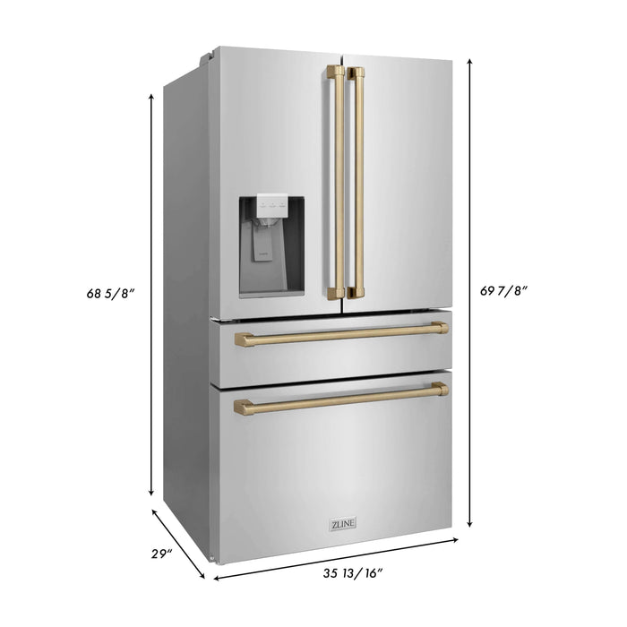 ZLINE Autograph Edition 30 in. Kitchen Package with Stainless Steel Dual Fuel Range, Range Hood, Dishwasher and French Door Refrigerator with External Water Dispenser and Champagne Bronze Accents (4AKPR-RARHDWM30-CB)