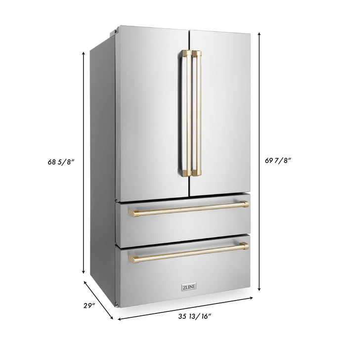 ZLINE Autograph Edition 36 in. Kitchen Package with Stainless Steel Dual Fuel Range, Range Hood, Dishwasher and Refrigeration with Polished Gold Accents (4KAPR-RARHDWM36-G)