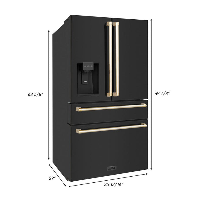 ZLINE 36 in. Autograph Edition 21.6 cu. ft 4-Door French Door Refrigerator with Water and Ice Dispenser in Fingerprint Resistant Black Stainless Steel with Polished Gold Traditional Handles (RFMZ-W-36-BS-G)