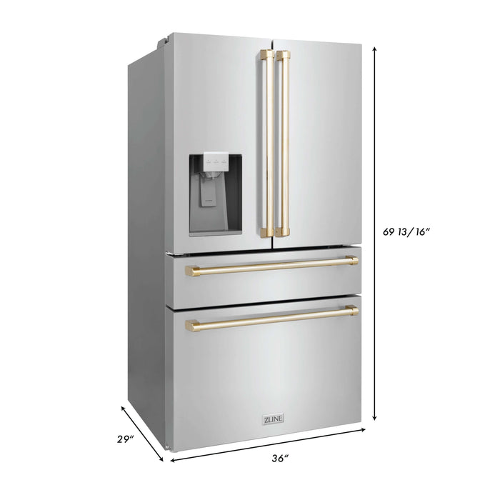 ZLINE Autograph Edition 30 in. Kitchen Package with Stainless Steel Dual Fuel Range, Range Hood, Dishwasher and French Door Refrigerator with External Water Dispenser with Polished Gold Accents (4AKPR-RARHDWM30-G)