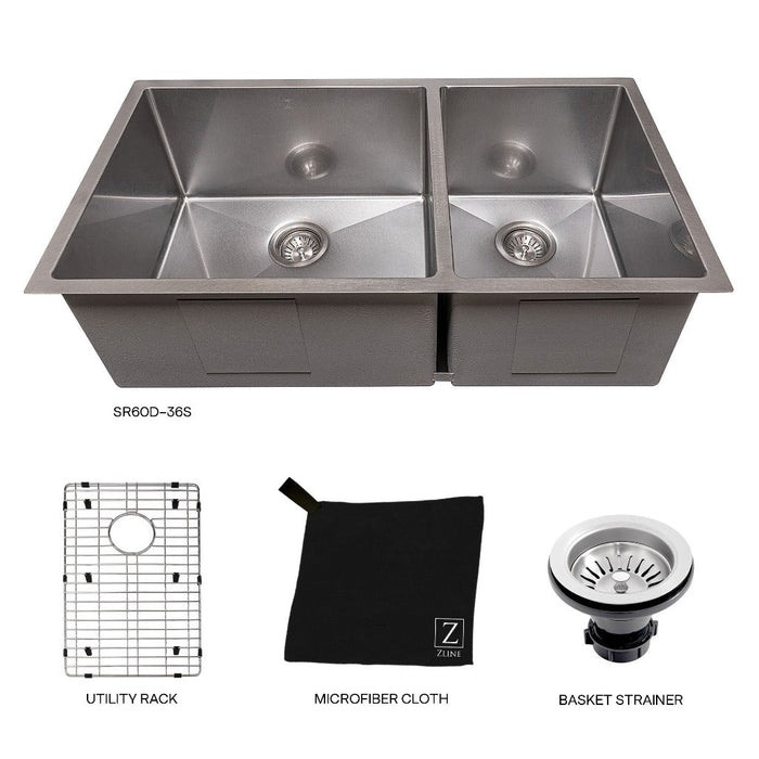 ZLINE 36 in. Chamonix Undermount Double Bowl Kitchen Sink with Bottom Grid (SR60D-36)