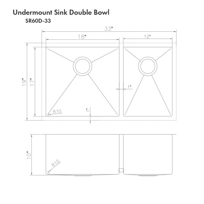 ZLINE 33 in. Chamonix Undermount Double Bowl Kitchen Sink with Bottom Grid (SR60D-33)