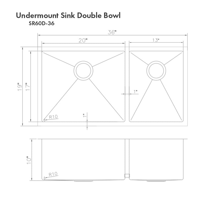 ZLINE 36 in. Chamonix Undermount Double Bowl Kitchen Sink with Bottom Grid (SR60D-36)