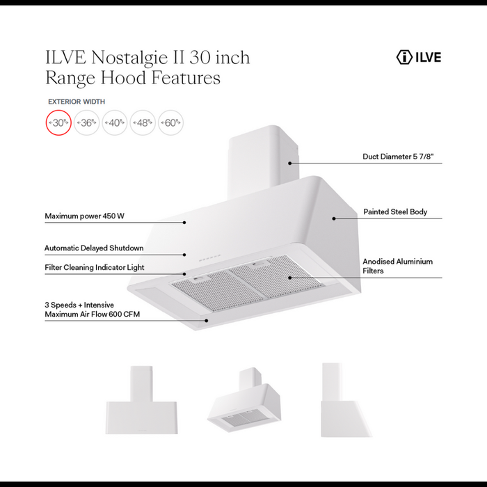 ILVE UAG30 Nostalgie II 30 inch Wall Mount Range Hood with 600 CFM, 3 Speed + Intensive, Front LED Light Bar