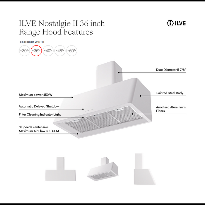 ILVE UAG36 Nostalgie II 36 inch Wall Mount Range Hood with 600 CFM, 3 Speed + Intensive, Front LED Light Bar