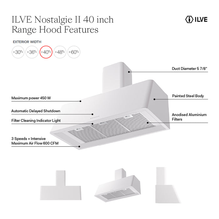 ILVE UAG40 Nostalgie II 40 inch Wall Mount Range Hood with 600 CFM, 3 Speed + Intensive, Front LED Light Bar