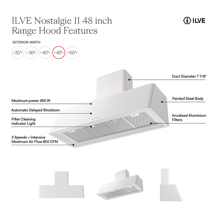 ILVE UAG48 Nostalgie II 48 inch Wall Mount Range Hood with 850 CFM, 3 Speed + Intensive, Front LED Light Bar