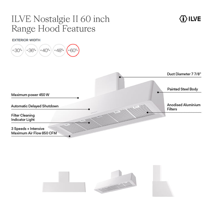 ILVE UAG60 Nostalgie II 60 inch Wall Mount Range Hood with 850 CFM, 3 Speed + Intensive, Front LED Light Bar