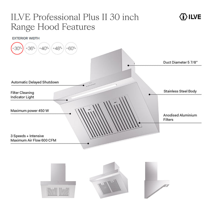 ILVE UAGQ30SS Professional Plus II 30 inch Wall Mount Range Hood in Stainless Steel