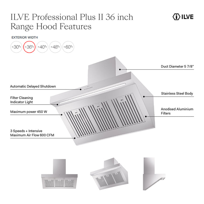 ILVE UAGQ36SS Professional Plus II 36 inch Wall Mount Range Hood in Stainless Steel