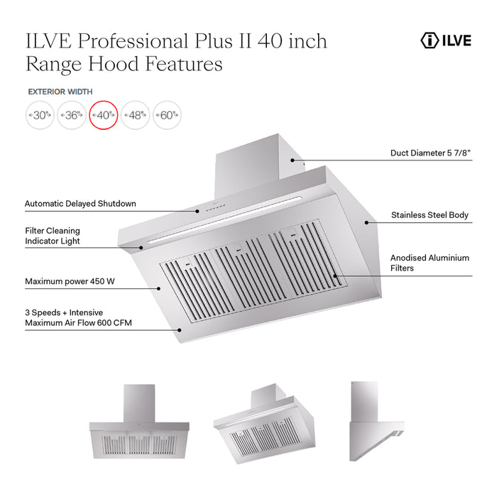 ILVE UAGQ40SS Professional Plus II 40 inch Wall Mount Range Hood in Stainless Steel