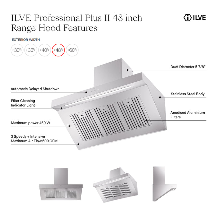 ILVE UAGQ48SS Professional Plus II 48 inch Wall Mount Range Hood in Stainless Steel