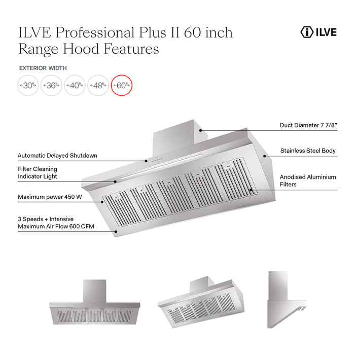 ILVE UAGQ60SS Professional Plus II 60 inch Wall Mount Range Hood in Stainless Steel
