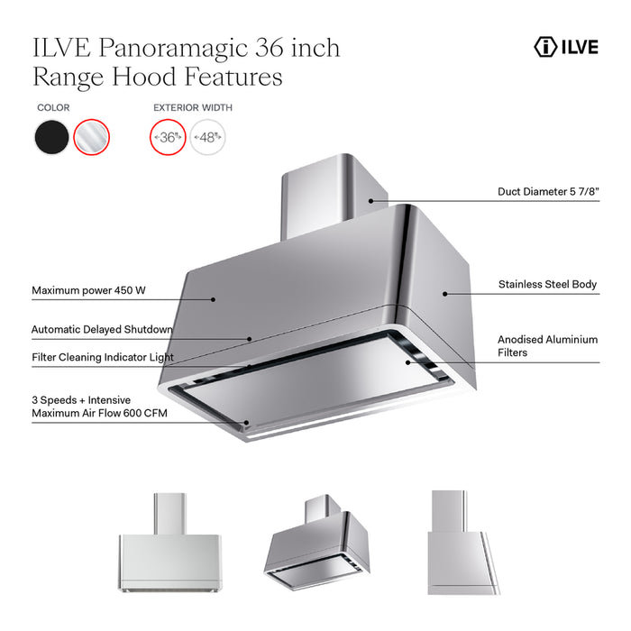 ILVE UAPM90 Panoramagic 36 inch Wall Mount Range Hood