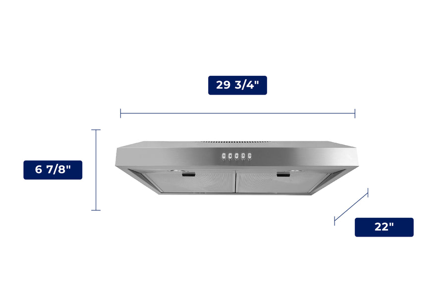 Hauslane | 30 Inch Under Cabinet Push Button Range Hood with Aluminum Mesh Filters in Stainless Steel (UC-PS16SS-30)