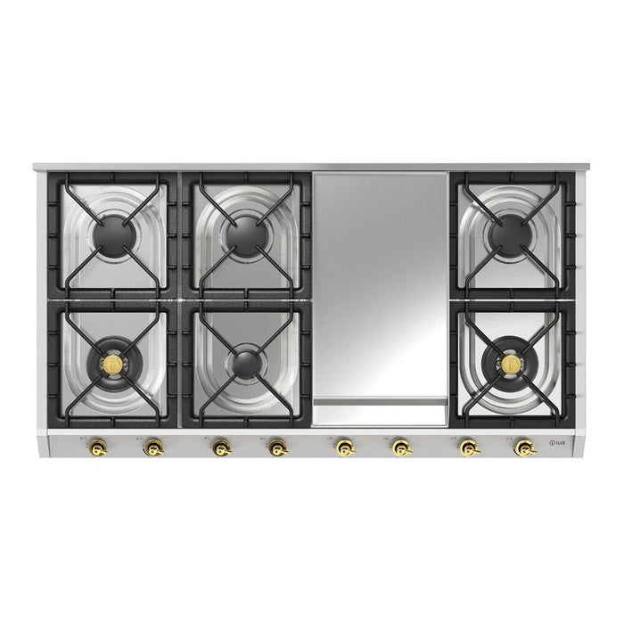 ILVE UHCP1265FN Nostalgie II 48 inch Built-In Gas Cooktop with 8 Burners, Griddle (Stainless Steel, Chrome)