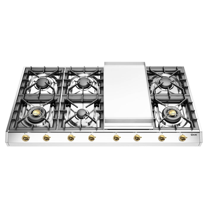 ILVE UHCP1265FN Nostalgie II 48 inch Built-In Gas Cooktop with 8 Burners, Griddle (Stainless Steel, Chrome)