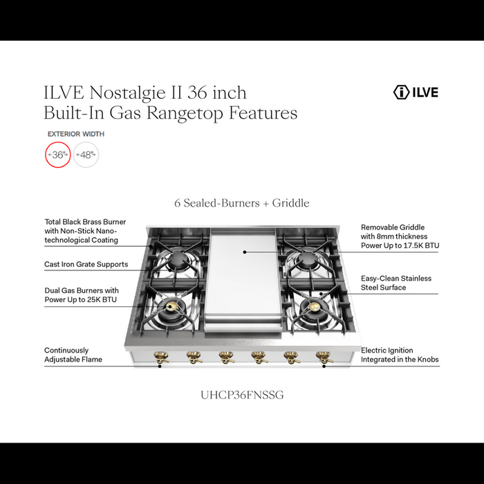 ILVE UHCP36FN Nostalgie II 36 inch Built-In Gas Rangetop with Griddle, in Stainless Steel