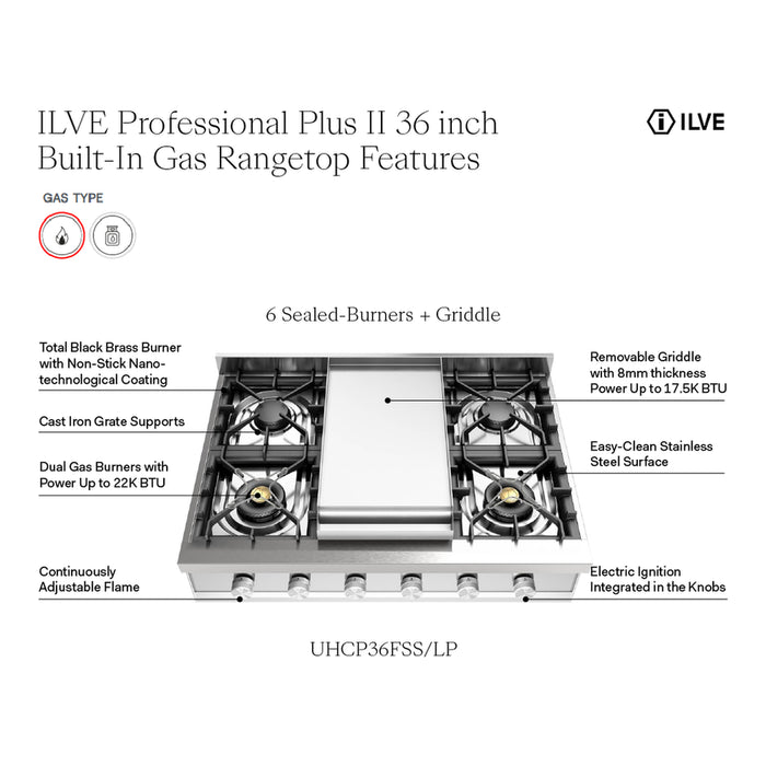 ILVE UHCP36F Professional Plus II 36 inch Built-In Gas Rangetop with Griddle, in Stainless Steel