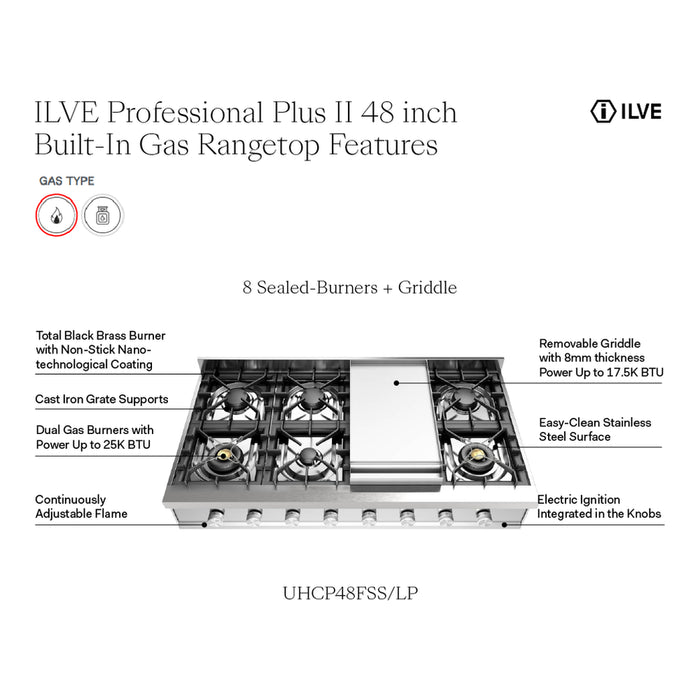 ILVE UHCP48F Professional Plus II 48 inch Built-In Gas Rangetop with Griddle, in Stainless Steel