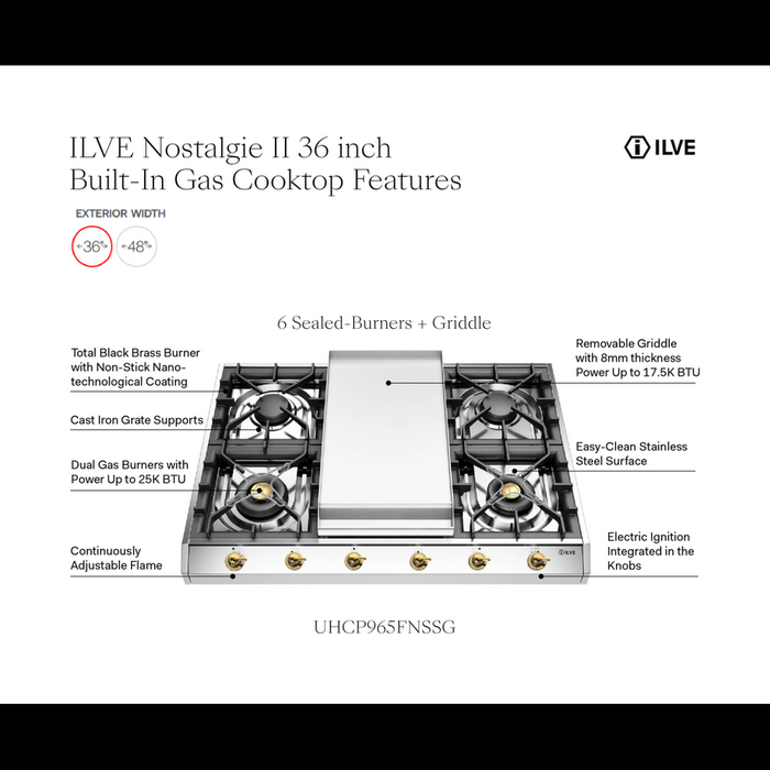 ILVE UHCP965FN Nostalgie II 36 inch Built-In Gas Cooktop with Griddle, in Stainless Steel