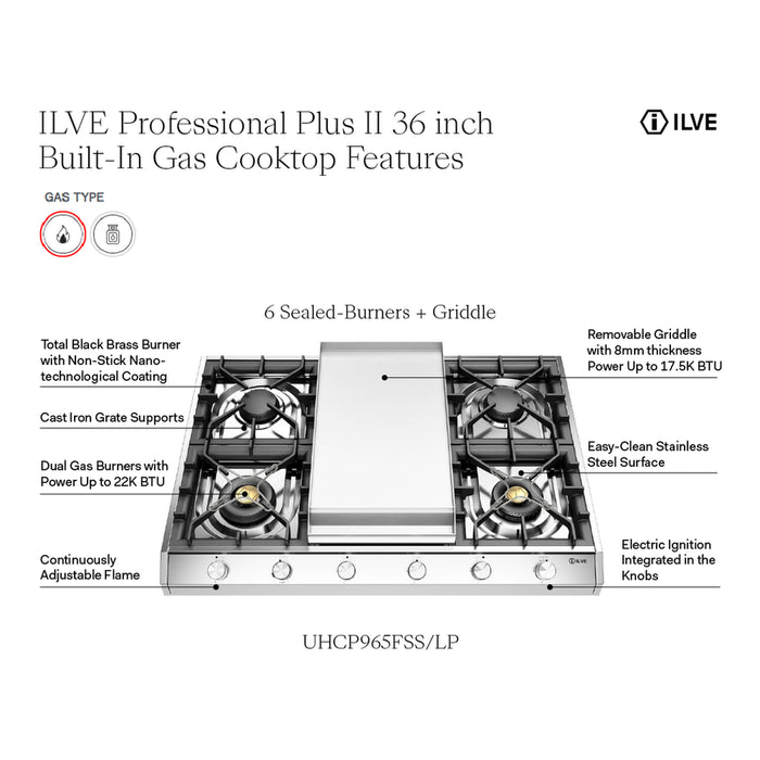 ILVE UHCP965F Professional Plus II 36 inch Built-In Gas Cooktop with Griddle, in Stainless Steel