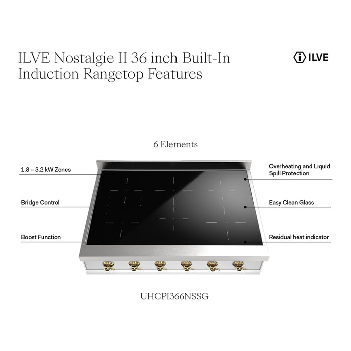 ILVE UHCPI366N Nostalgie II 36 inch Built-In Induction Rangetop with 6 Elements (Stainless Steel, Brass)