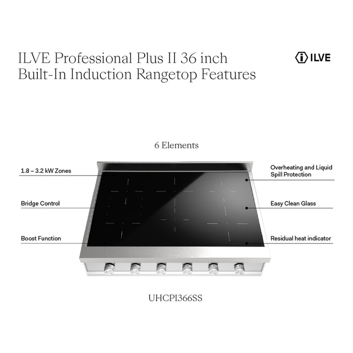 ILVE UHCPI366 Professional Plus II 36 inch Built-In Induction Rangetop, in Stainless Steel