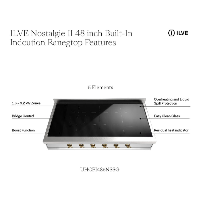 ILVE UHCPI486N Nostalgie II 48 inch Built-In Induction Rangetop with 6 Elements (Stainless Steel, Brass)