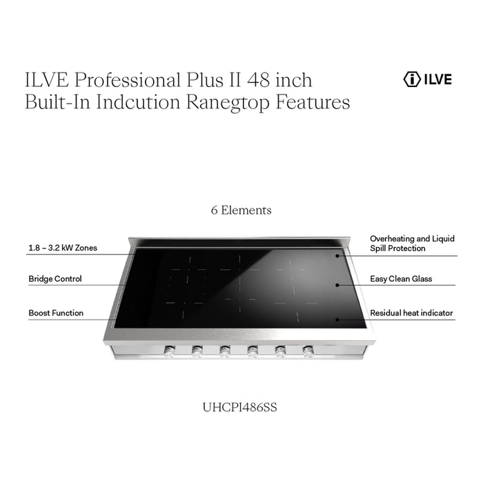 ILVE UHCPI486 Professional Plus II 48 inch Built-In Induction Rangetop, in Stainless Steel