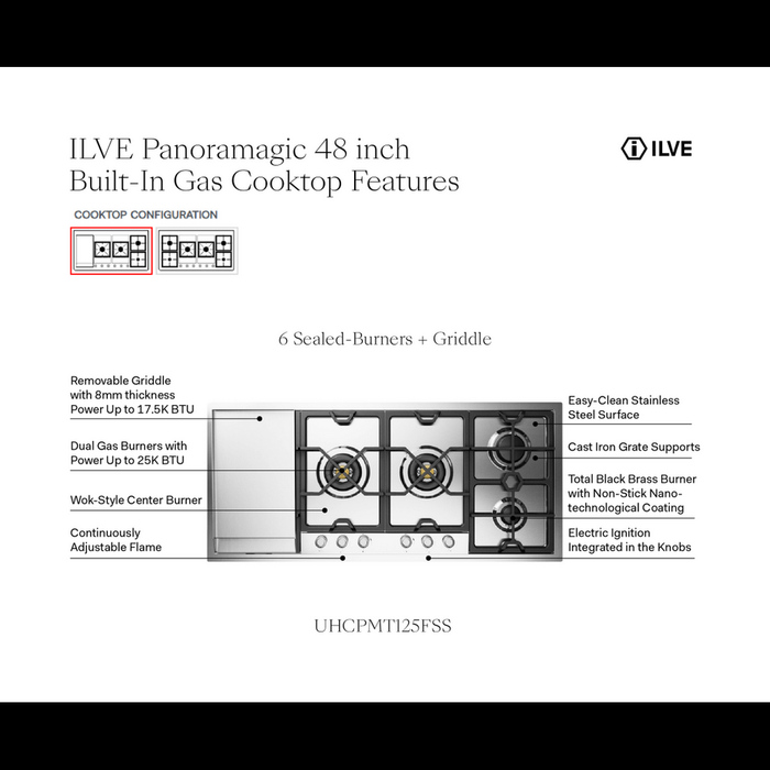 ILVE UHCPMT125 Panoramagic 48 inch Built-In Gas Cooktop with Total Black Brass Burners, in Stainless Steel