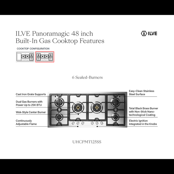 ILVE UHCPMT125 Panoramagic 48 inch Built-In Gas Cooktop with Total Black Brass Burners, in Stainless Steel