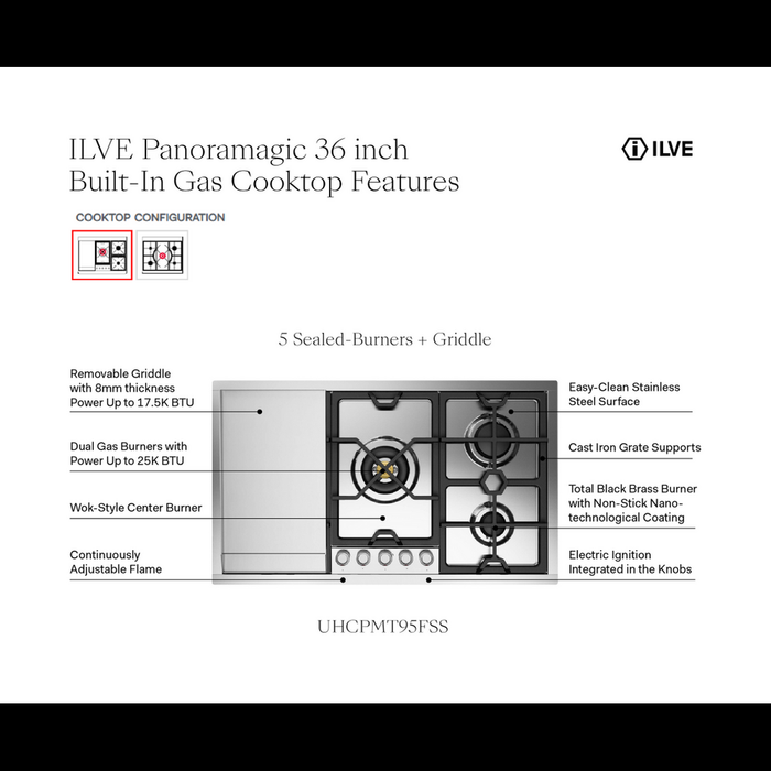 ILVE UHCPMT95 Panoramagic 36 inch Built-In Gas Cooktop with 5 Burners, in Stainless Steel