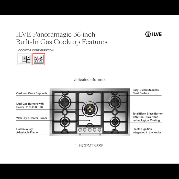 ILVE UHCPMT95 Panoramagic 36 inch Built-In Gas Cooktop with 5 Burners, in Stainless Steel